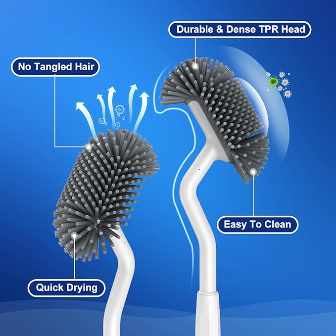 HAMITOR Toilet Bowl Brush Holder Set: 2Pack Deep Cleaning Silicone Toilet Scrubber Under Rim with Curved Bristle for Bathroom Dead Corner Clean - Modern Rv Decorative Accessories