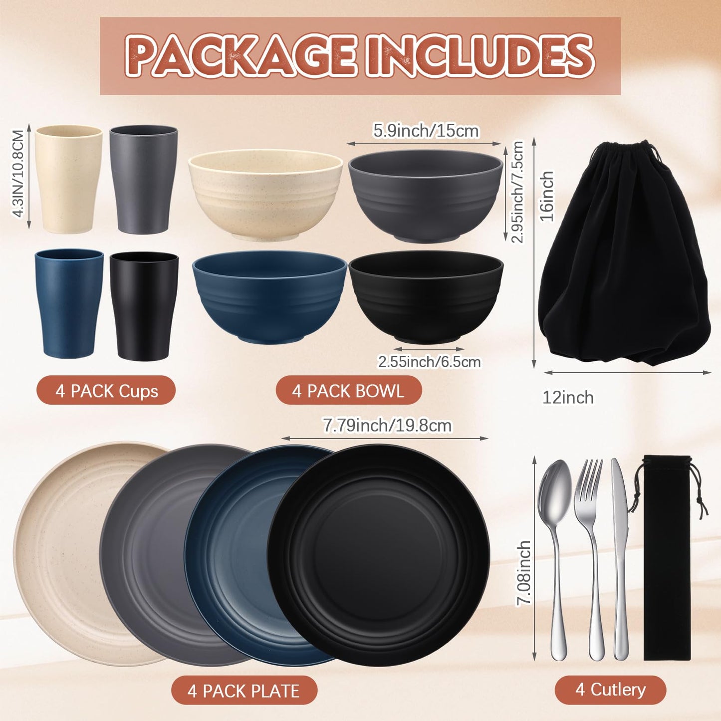 Teenyyou 4 Sets Camping Mess Kits for 4 Person Camping Silverware Set Include Cup, Bowl, Plate, Knife, Spoon, Fork Cutlery Set Unbreakable Wheat Straw Dinnerware Utensils for Travel(Dark Color)