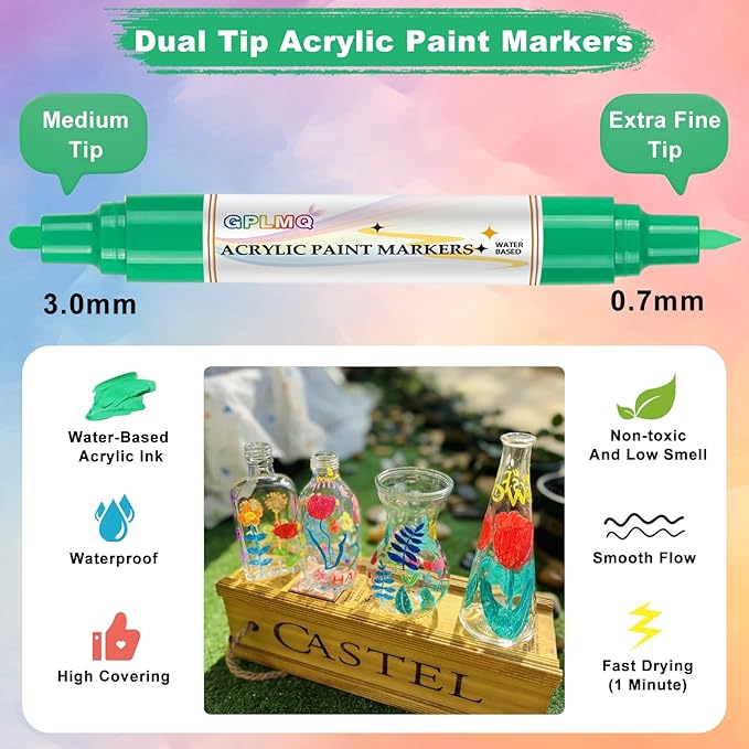 Paint Markers Paint Pens - 2 Pack Dual Tip Acrylic Permanent Marker (0.7mm & 3mm), Non-Toxic, Water-Based for Art Painting, Stone, Ceramic, Glass, Wood, Fabric, Metal, DIY Crafts (Green)