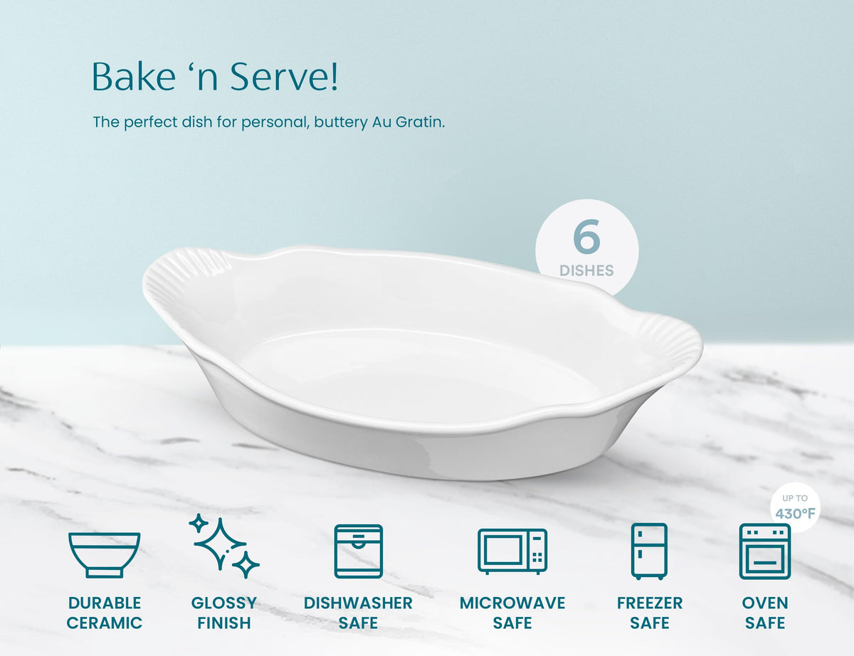 Au Gratin Baking Dishes, by Kook, Mini Casserole Dish, Set of 6, for Banana Split, Oven and Microwave Safe, Dishwasher Safe, Ceramic Dishes, Lasagna & Cobblers, Individual Serving, 12 oz (Ivory)