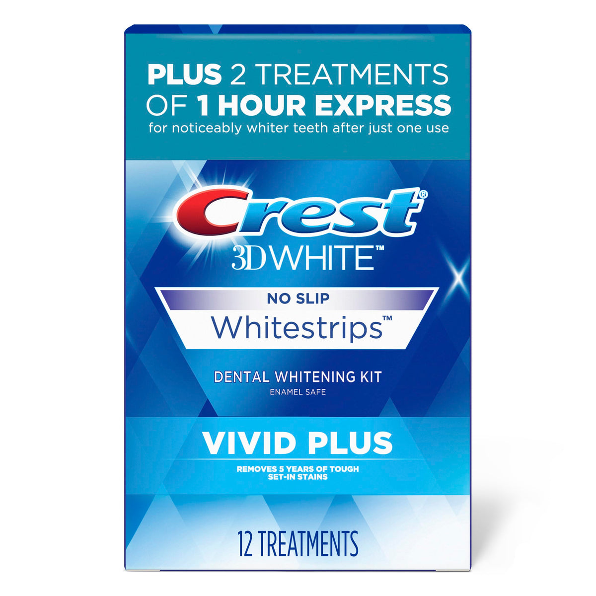 Crest 3DWhitestrips Vivid Plus Whitestrips 3D White, 10 Treatments + 1 Hour Express 2 Treatments Teeth Whitening Kit, 8 Levels Whiter, Crest Teeth Whitening Strips
