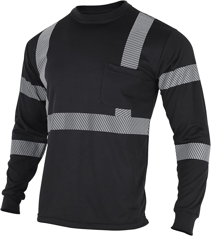 VENDACE 3 Pcs Safety T Shirts Reflective High Visibility Hi Vis Long Sleeve Construction Work Shirts for Men (Black,L)