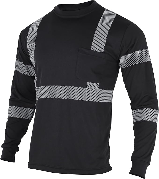 VENDACE 3 Pcs Safety T Shirts Reflective High Visibility Hi Vis Long Sleeve Construction Work Shirts for Men (Black,M)