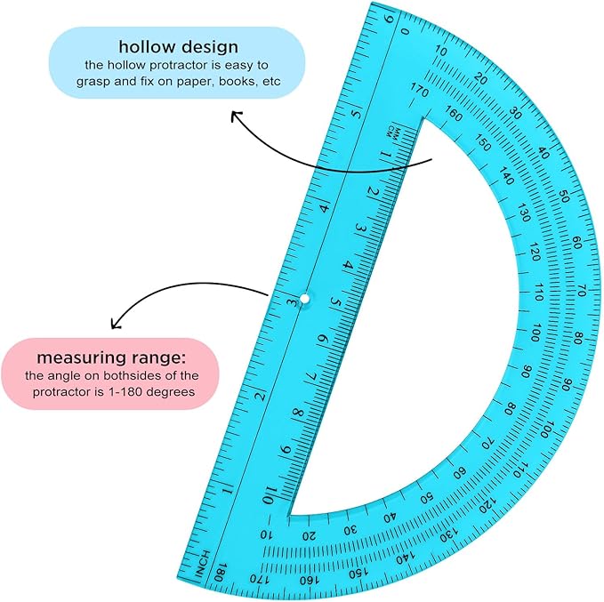 Zonon 12 Pack 6 Inch Plastic Protractor Back to School Protractors 180 Degrees Pink Blue Clear Protractors for Classroom Math Teacher Student Office Supplies