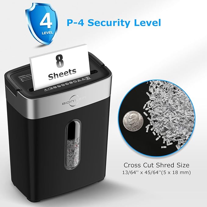 BONSEN Shredder for Home Office, 4 Gallons 8-Sheet Cross Cut Credit Card Shredder, Small Paper Shredder for Home Use, High Security Level P-4, ETL Certification (S3101)