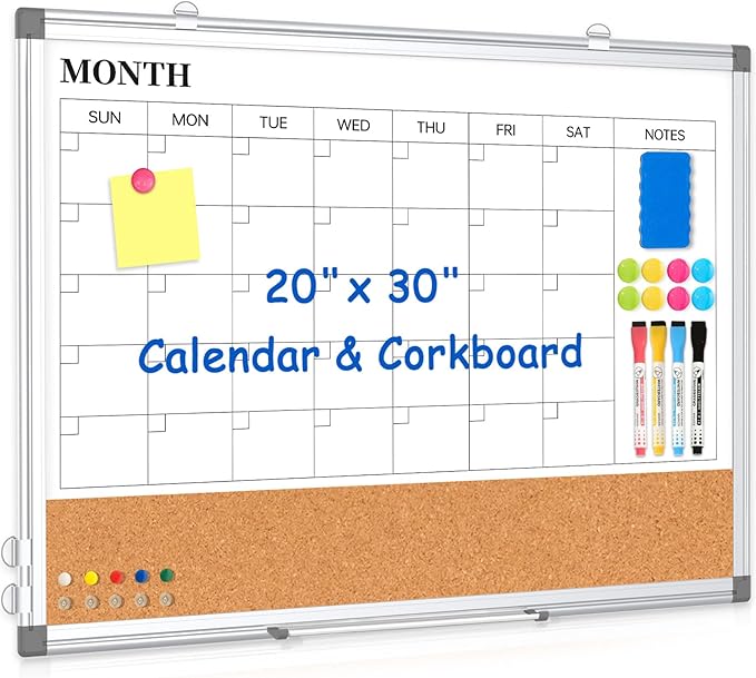 Monthly Calendar Whiteboard Dry Erase Cork Board Combo for Wall, 30" x 20" Magnetic Double-Sided Calendar White Board and Bulletin Board, Portable Board for Office, Kitchen, School, Home, Dorm