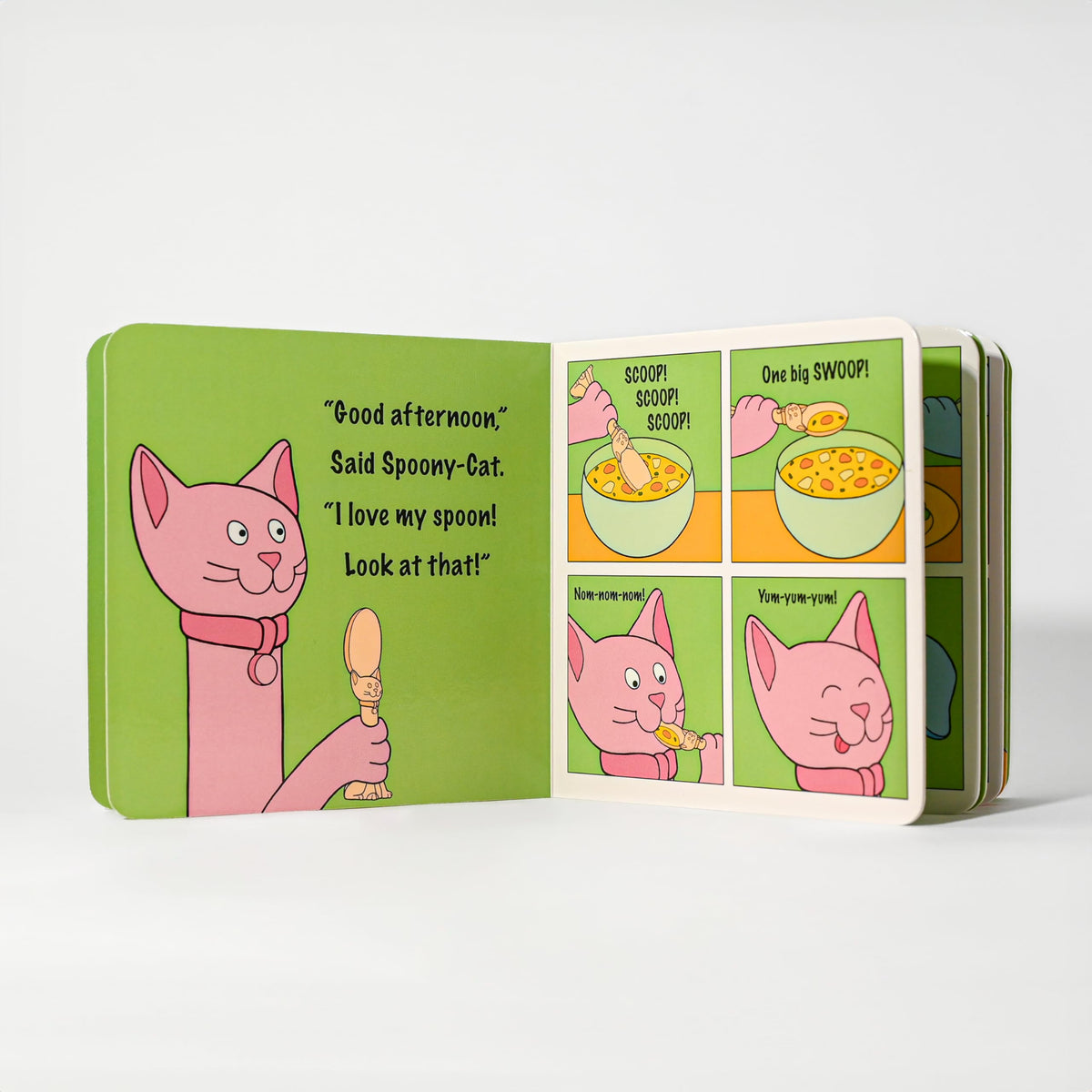 Made in USA Spoon la la Toddler Utensils Set (2 Pack) & Board Book - Spoon & Fork for Kids, Self-Standing 3D Ergonomic Cat & Dog Handles, BPA-free, Dishwasher Safe Baby Silverware (Mint Green)