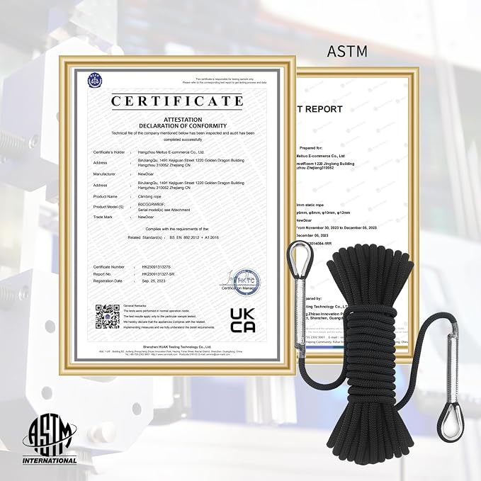 NewDoar 14KN Static Climbing Rope 8mm(5/16in) Accessory Cord Equipment 33FT(10M) 66FT(20M) 98FT(30M) 165FT(50M) Escape Rope with 2 Carabiners for Ice Climbing Equipment Fire Rescue Rope-Black/10M