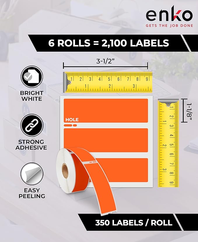 enKo [6 Rolls, 2100 Labels] Address, Shipping & Barcode Labels 30252 - Orange (1-1/8" x 3-1/2") Compatible for Dymo LabelWriter & Rollo Printer