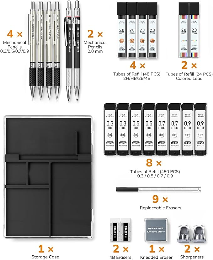 Four Candies 27PCS Art Mechanical Pencil Set with Case, 4PCS Metal Drawing Pencil 0.3, 0.5, 0.7, 0.9 mm & 2PCS 2mm Lead Holder (HB 2H 2B 4B Color) with 552 Graphite Lead Refills for Drawing Sketching