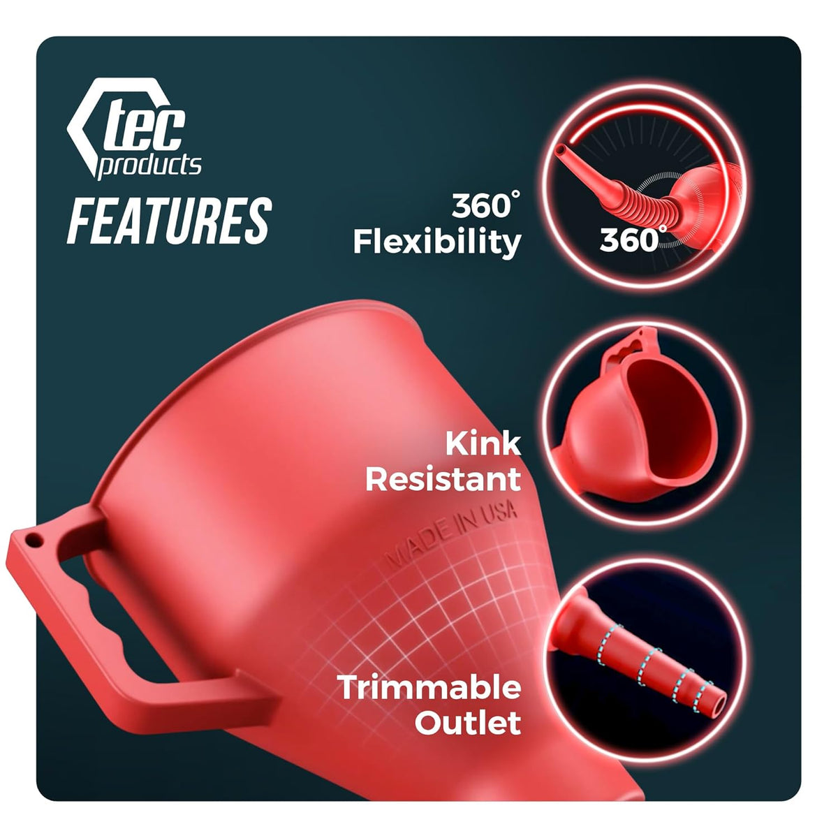 TEC Products FlexAll Long Flexible Funnel for Automotive Use - Durable Nitrile Rubber - Ideal for Car Oil Change, Transmission Funnel Fluid, Diesel, Fuel, Gas - Made in USA - Red (12 x 4 Inches)