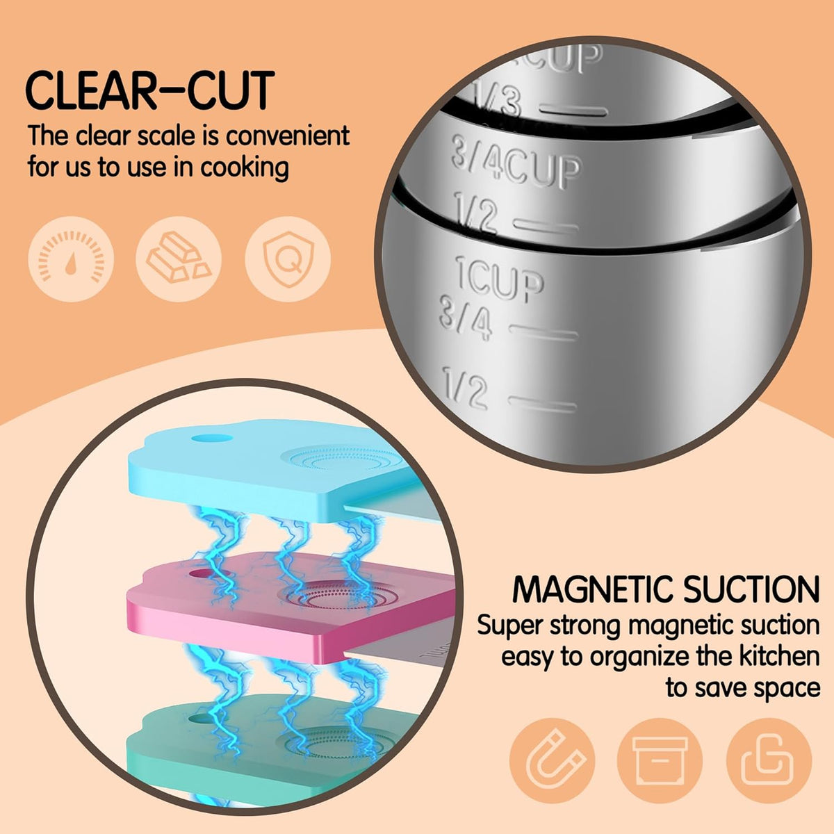 Magnetic Measuring Cups, 7 Stainless Steel Nesting Measuring Cup Set for Measuring Dry or Liquid Ingredients