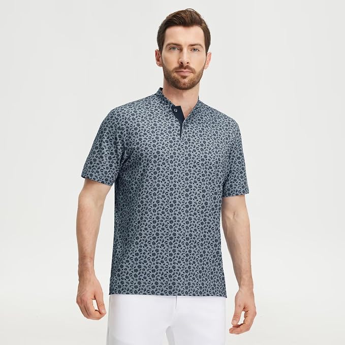 M MAELREG Golf Shirts for Men Collarless Performance Dry Fit Stretch Henley Casual Printed Mens Polo Shirts Short Sleeve