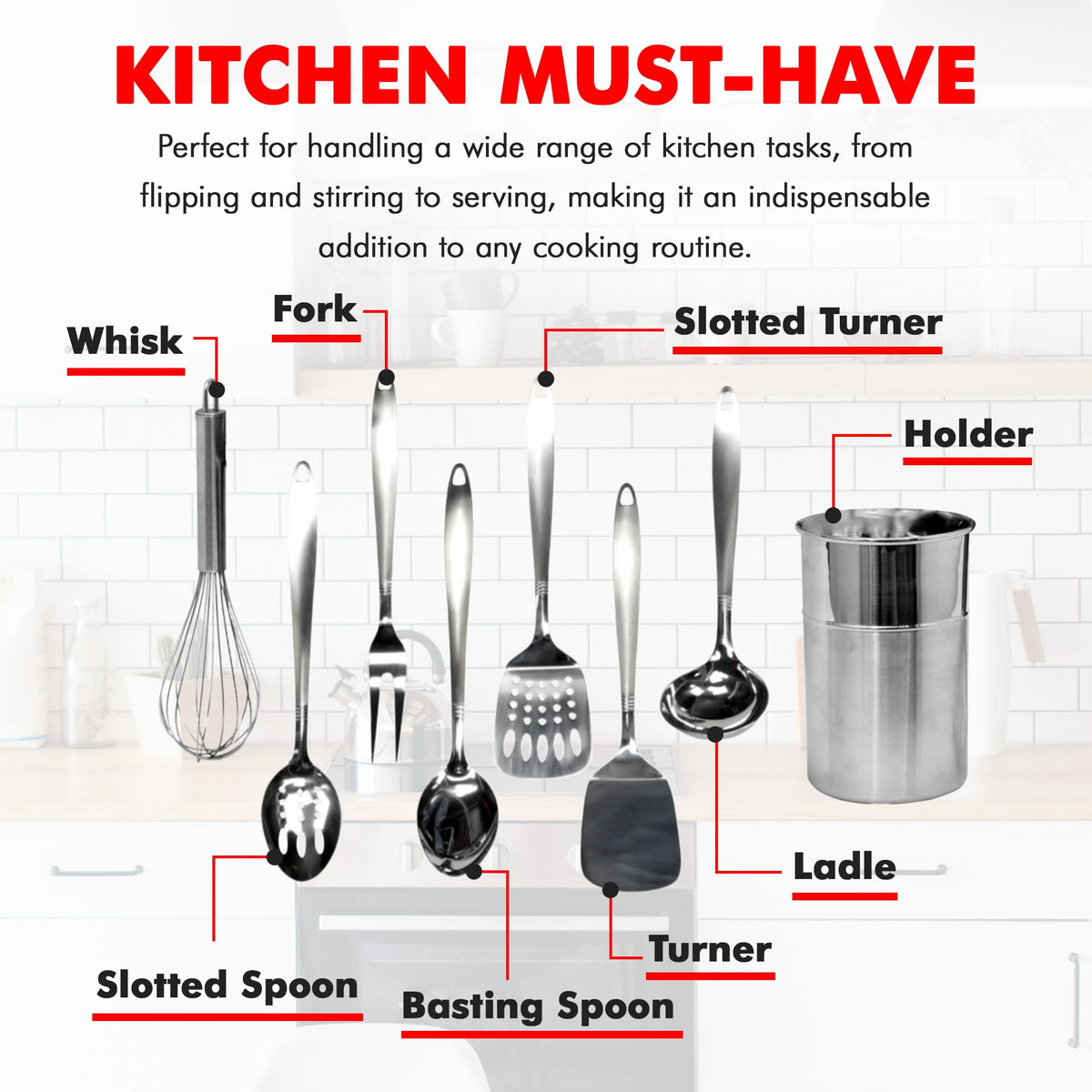 Chef Craft - 8 Piece Stainless Steel Kitchen Utensils Set with Utensil Holder