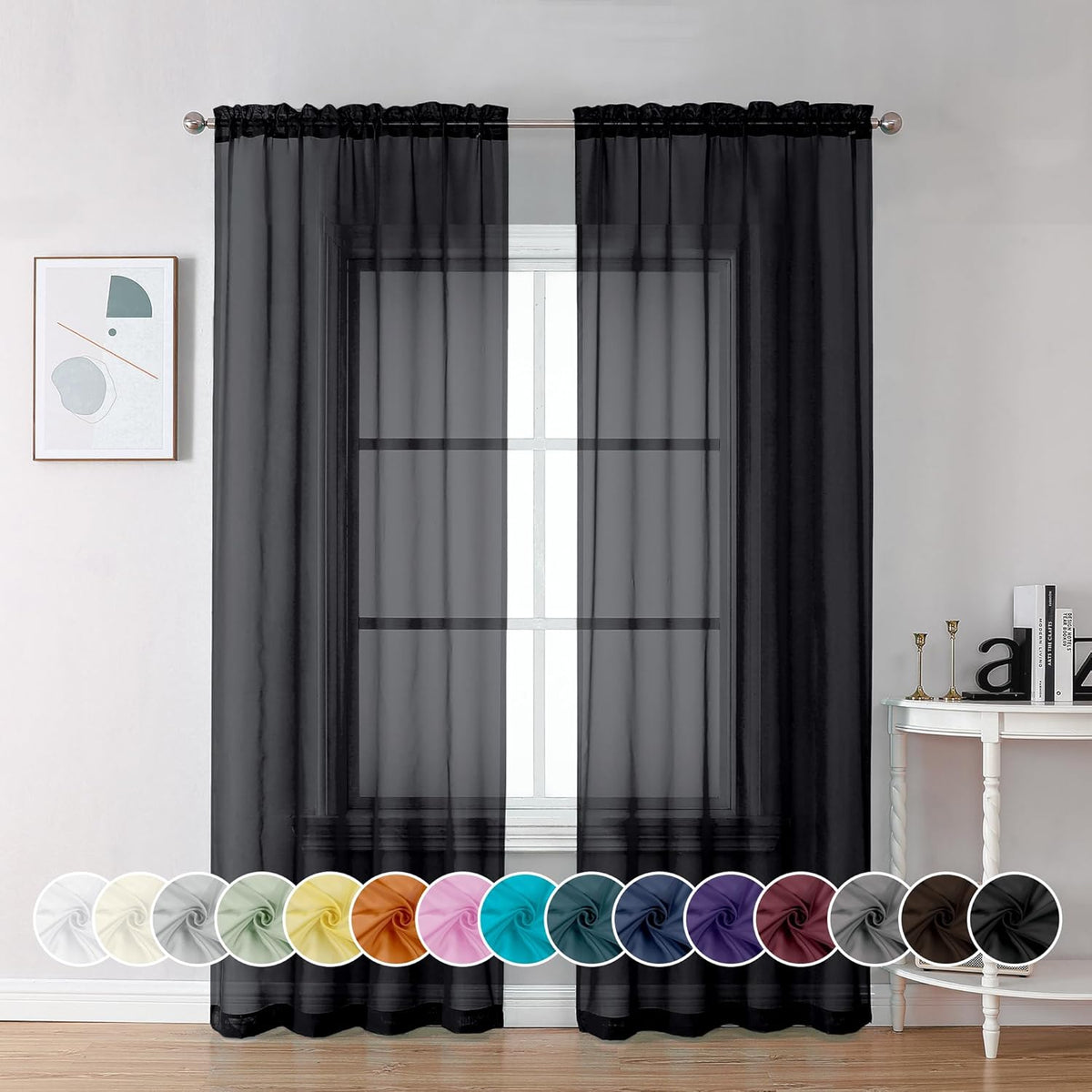 Chyhomenyc Black Sheer Curtains 96 inches Long Window Draperies 2 Panels, Solid Elegant Window Voile Panels/Drapes/Treatment/Backdrop for Bedroom Living Room Wedding Party Decor, 42 Wx96 L, 8FT L