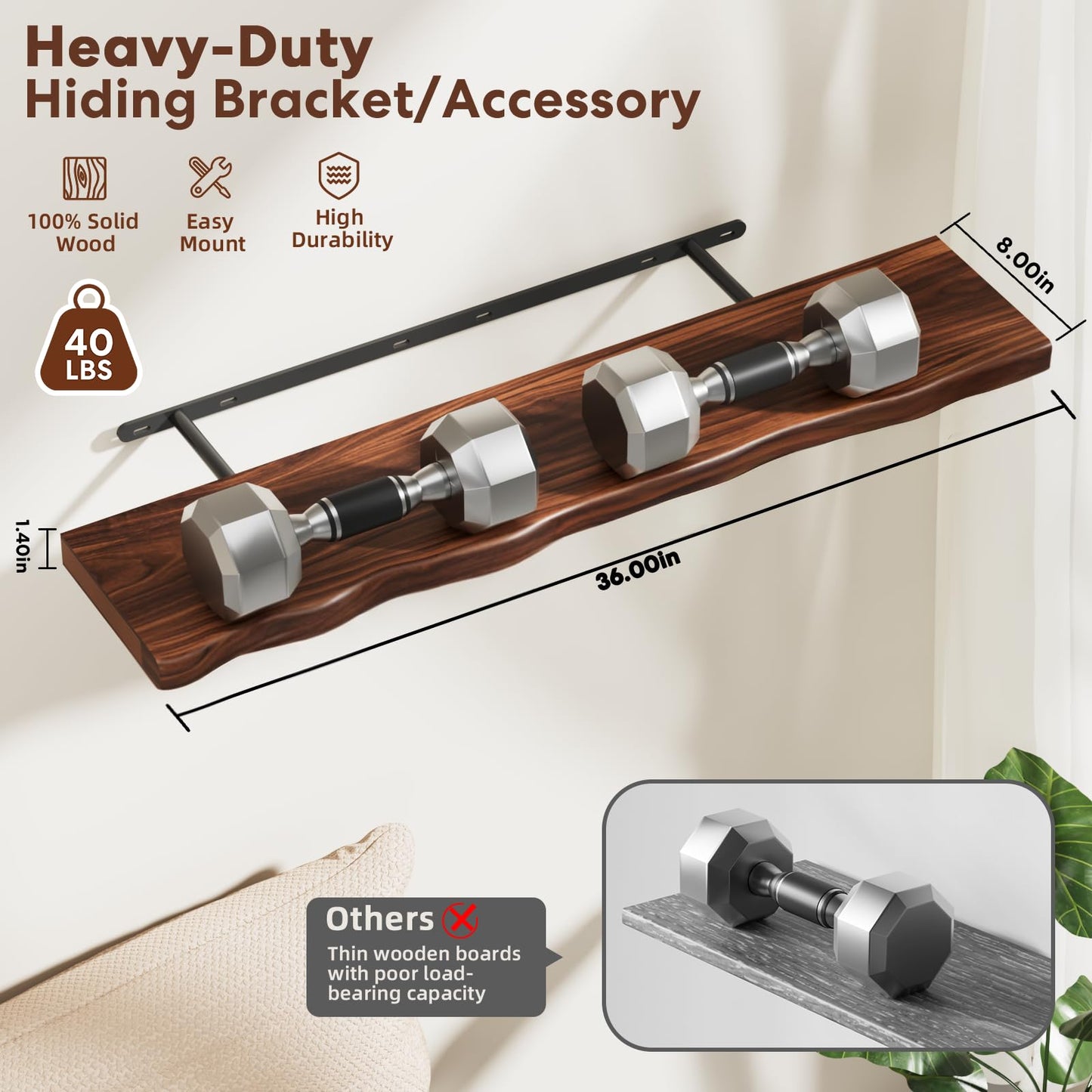 Avytronx Solid Wood Live Edge Floating Shelves Set of 2 – 36" Rustic Wall Shelf with Hidden Bracket System, Wall Mounted Shelves for Bathroom, Kitchen, Living Room, Bedroom (Walnut)