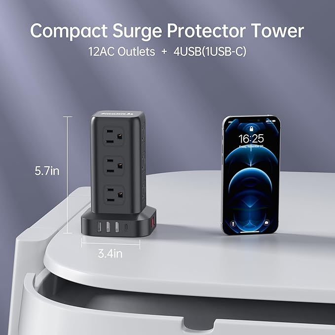 15FT USB C Power Strip Surge Protector Tower, Mini Power Strip Tower Travel 12 AC 4 USB Power Strip with USB Ports, Overload Protection for Home Office