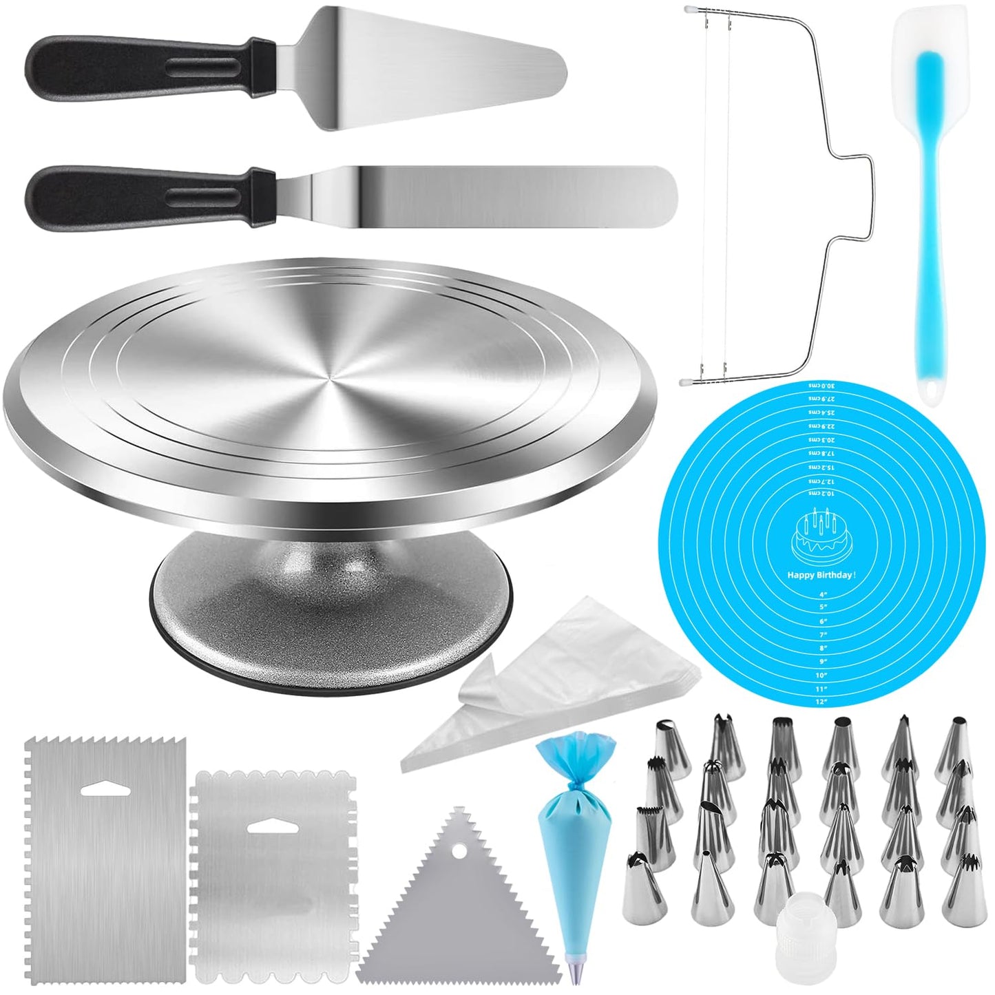 12 Inch Aluminium Rotating Cake Stand Turntable, Cake Decorating Kit Supplies with Icing Piping Tips, Frosting Spatulas, Pastry Bags, Scrapers and Other Cake Decorating Tools (85Pcs)