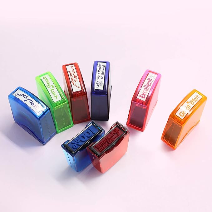 Reliancer Colorful Self-Inking Motivation School Grading Teacher Stamp Set and Tray (8-Piece)