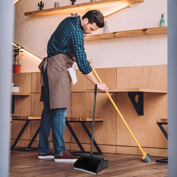 Leumoi 8 Pcs Dust Pans with Long Handle Set 36.6 Inch Commercial Dust Pan with Comb Large Plastic Stand up DustPans for Outdoor Indoor Restaurant Home Office Floor Cleaning (Black)