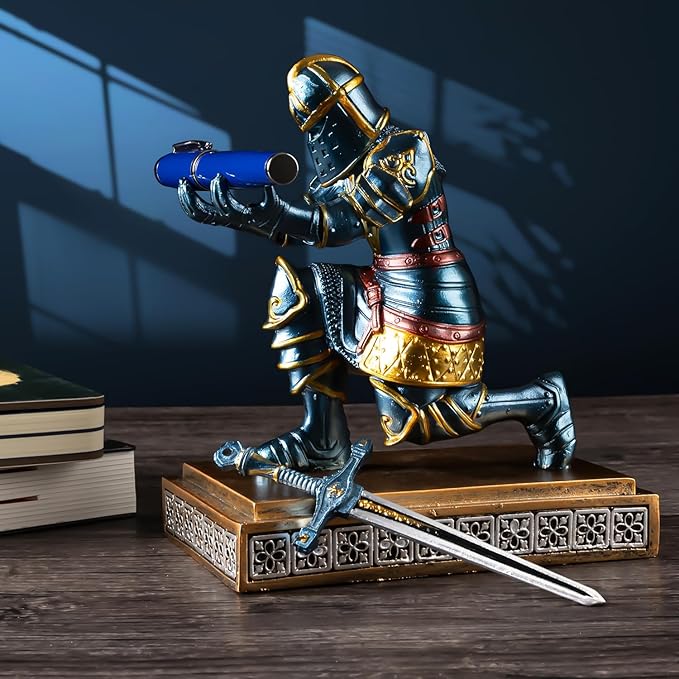 MACLARONX Kneeling Knight Pen Holder with Sword Medieval Warrior Fancy Pencil Stand for Office Desk Home Decor for Men Father Husband Armor Soldier Statue