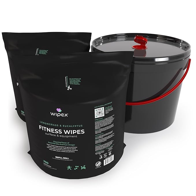 Wipex Plant Based Gym Wipes Dispenser Refill - 700 Count Fitness Equipment Wipes (Original Lemongrass + Bucket, 700 Count (Pack of 2 + Bucket))