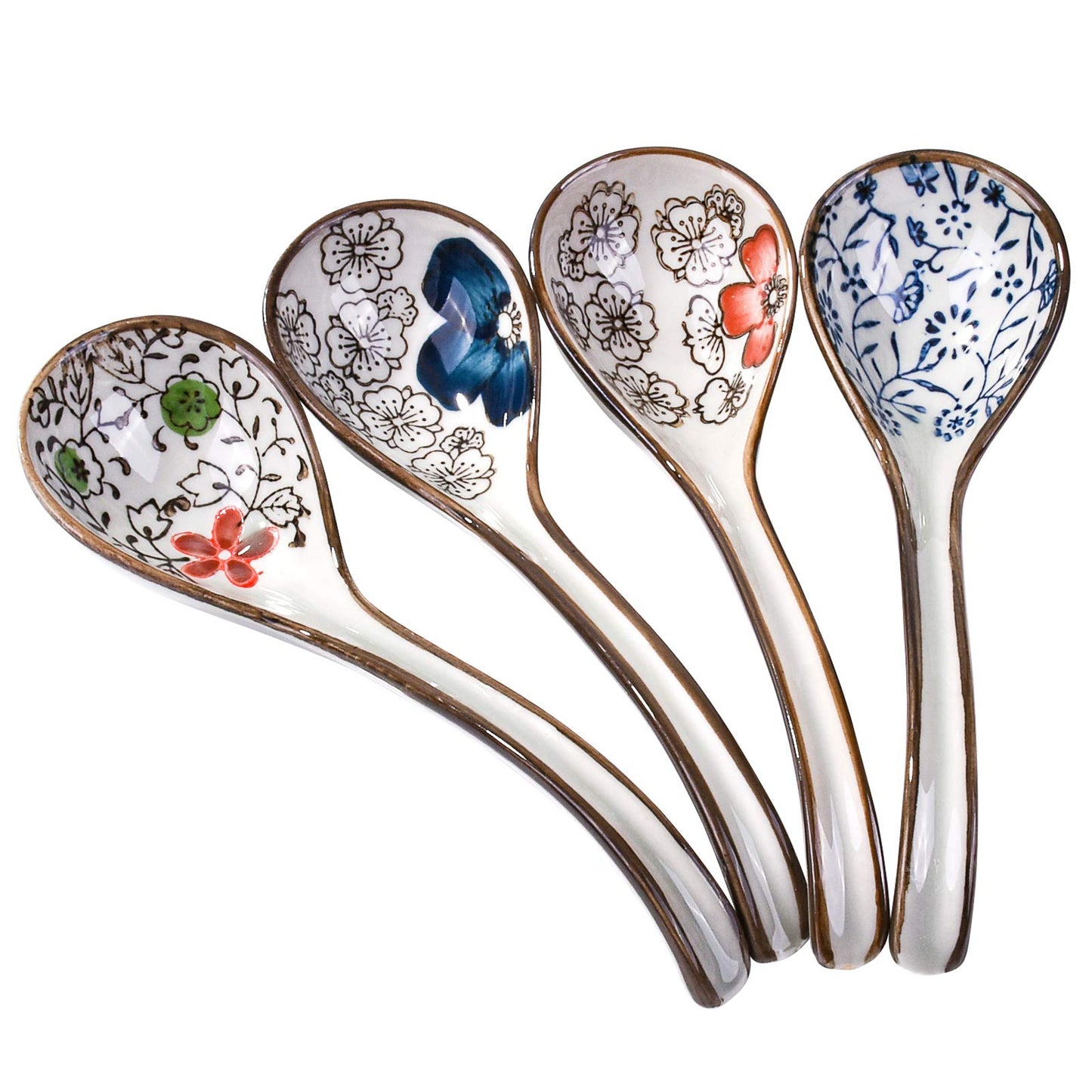 Set of 4 Japanese Ceramic Soup Spoons with Different Patterns Porcelain Rice Spoons with Long Handle Suitable for Rice Porridge Cereal Wonton Tong Sui Pho Udon and Ramen