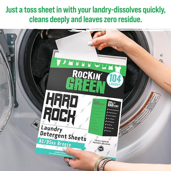 Rockin' Green Hard Rock Travel Laundry Detergent Sheets for Hard Water - Mess-Free Laundry Sheet Detergent with Sodium Bicarbonate - Easily Dissolvable Laundry Soap Sheets (104 Loads, AC/DSea Breeze)