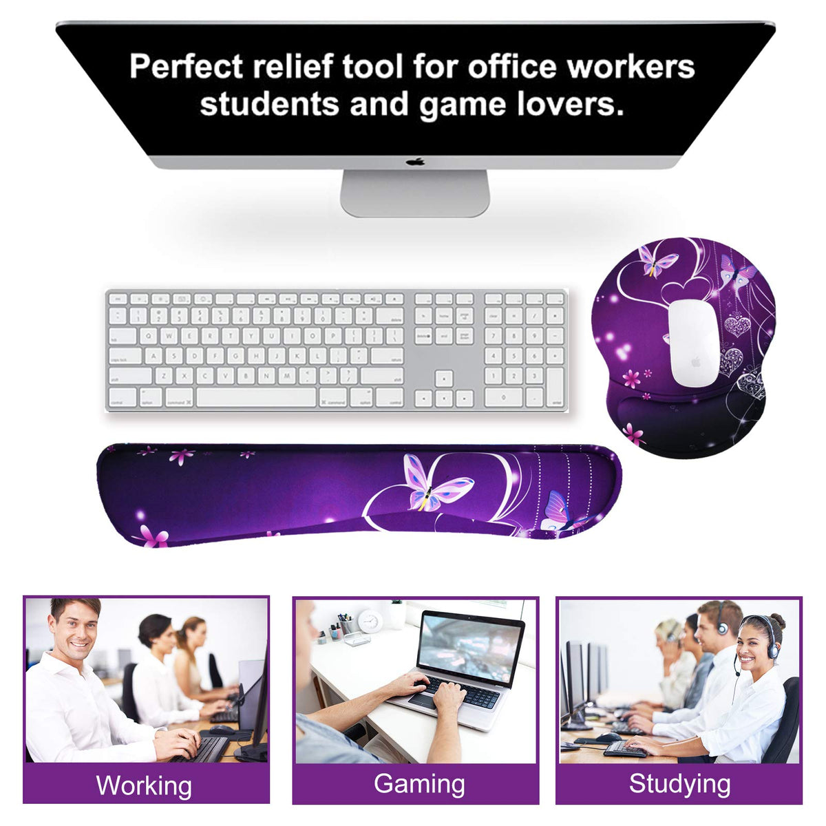 ArtSo Upgraded Wrist Rest Support for Mouse Pad & Keyboard, Ergonomic Gel Mousepad Non-Slip Rubber Base Home,Office Pain Relief, Easy Typing Cushion Neoprene, Soft Memory Foam, Purple Heart Butterfly