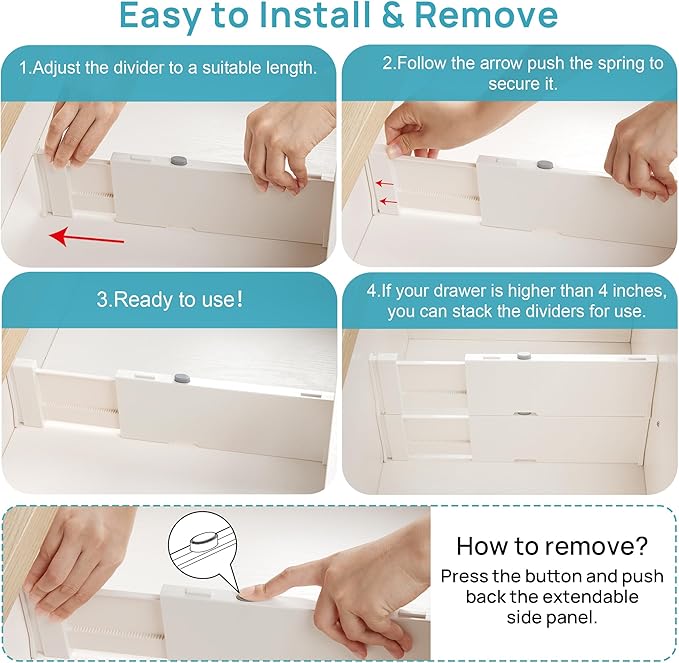 Vtopmart 12 Pack Drawer Dividers for Clothes, 4" High 11.6"-17" Adjustable Expandable Dresser Drawer Organizer, Plastic Drawers Separator for Dresser, Baby Clothes, Underwear, Kitchen & Office Storage