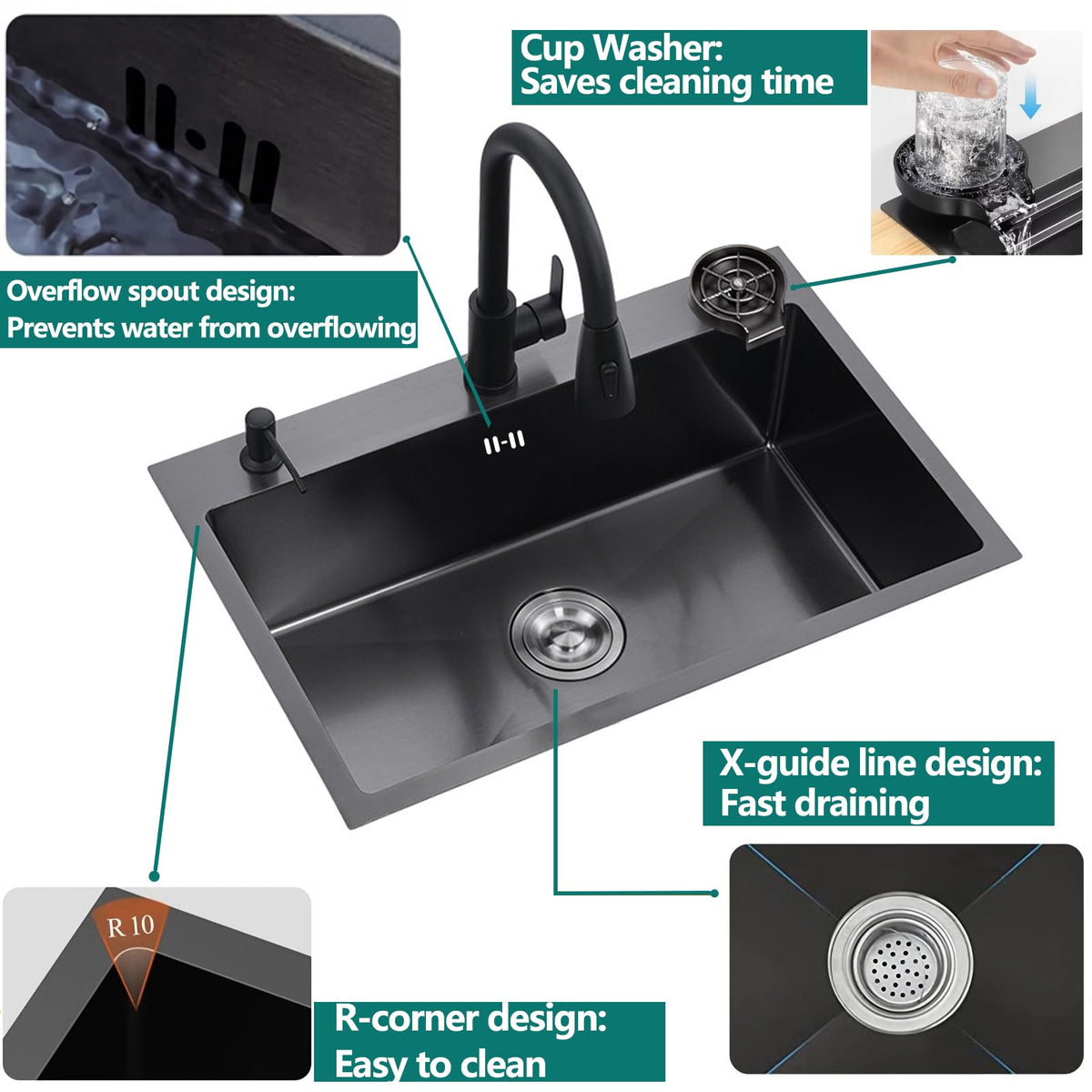 YINXSLO Black Kitchen Sink with Faucet, Top Mount/Drop-In 3 Hole Single Bowl Stainless Steel Sink with Cup Washer, Soap Dispenser, Drainage kit for Bar, Kitchen, Balcony (19.7 * 17.7in)