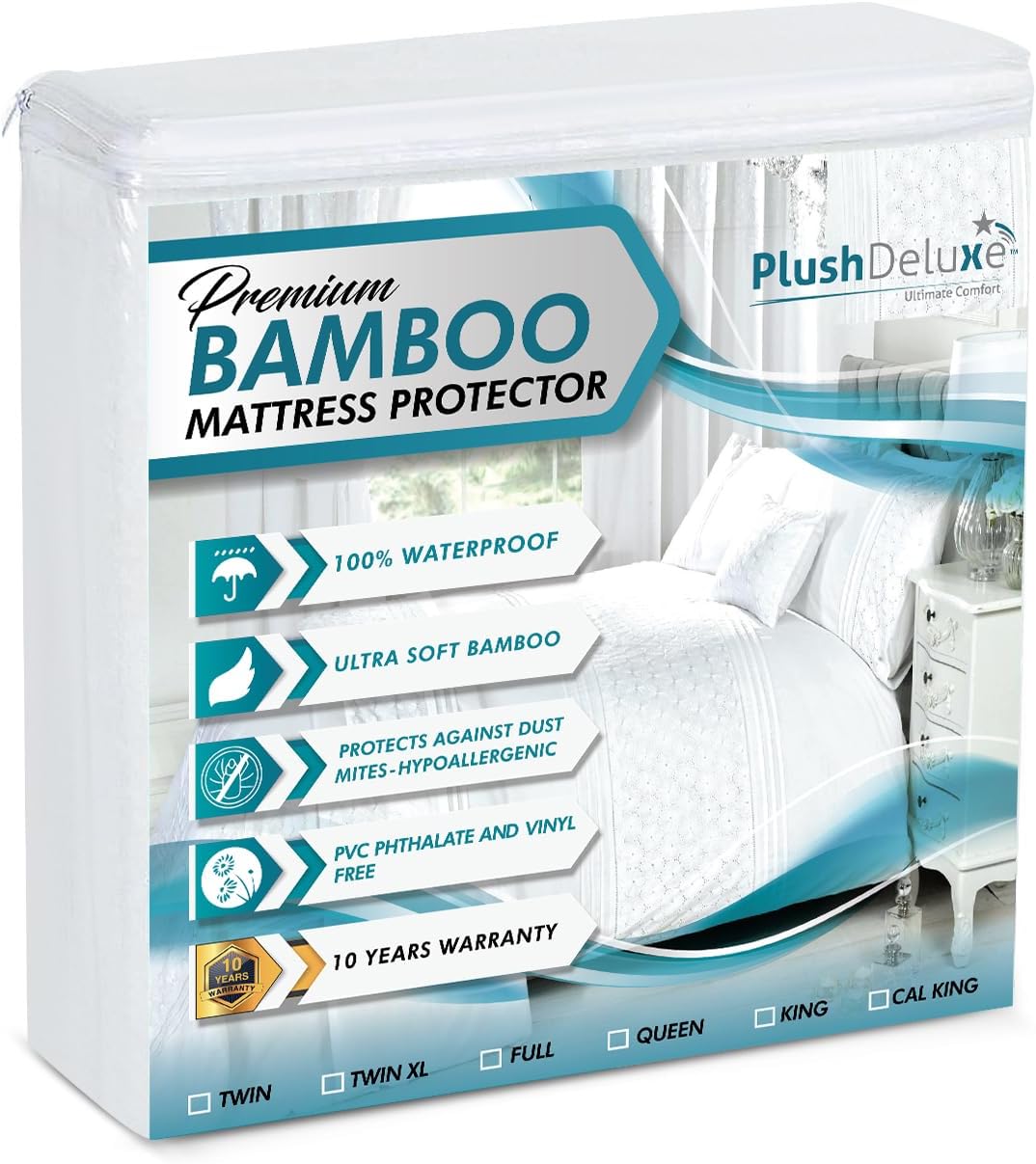PlushDeluxe Premium Bamboo Mattress Protector â Twin XL Size, Waterproof, & Ultra Soft Breathable Noiseless Washable Bed Mattress Cover for Comfort & Protection - White