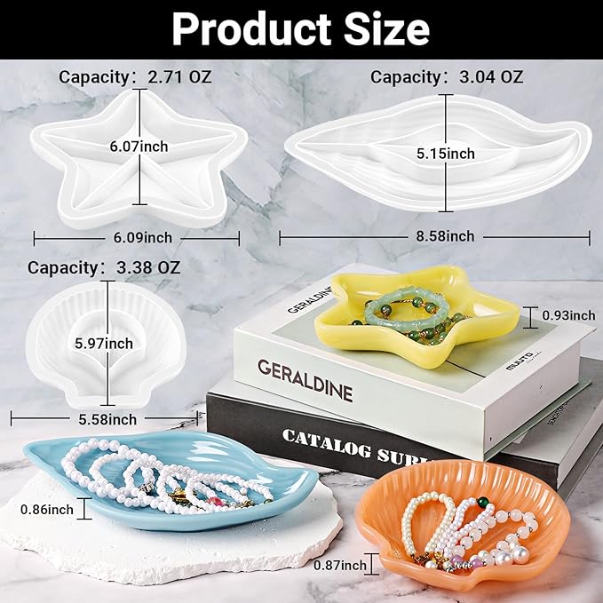 Gartful 3 Pieces Tray Resin Molds, Silicone Jewelry Dish Molds, DIY Storage Container Epoxy Casting Molds for Jewelry Ring Holders, Soap Dish, Candle Holder, 3 Large Styles(Conch & Star & Shell)