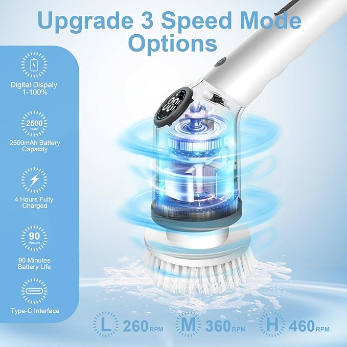 Electric Cleaning Brush, Cordless Electric Spin Scrubber with Long Handle, 3 Brushes, 5 Cleaning Pads, Portable Charging Base