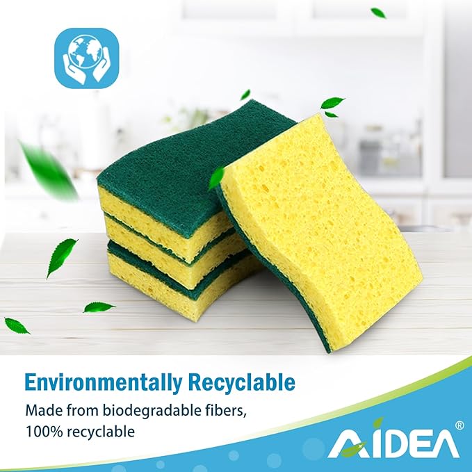 AIDEA Sponges Kitchen, Heavy Duty Scrub Sponge, 6Count, Sponges for Dishes, Cellulose Kitchen Sponge, Scrubbing Power for Tough Messes, Cleaning Power for Non Coated Cookware, Dishes, Pots, Pans