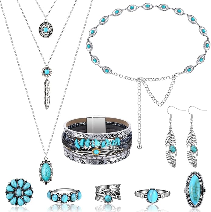 Geyoga 9 Pcs Western Jewelry For Women Bohemian Turquoise Jewelry Set Turquoise Necklace Dangle Earrings Rings Waist Chain Western Bracelets for Women Holiday Gift