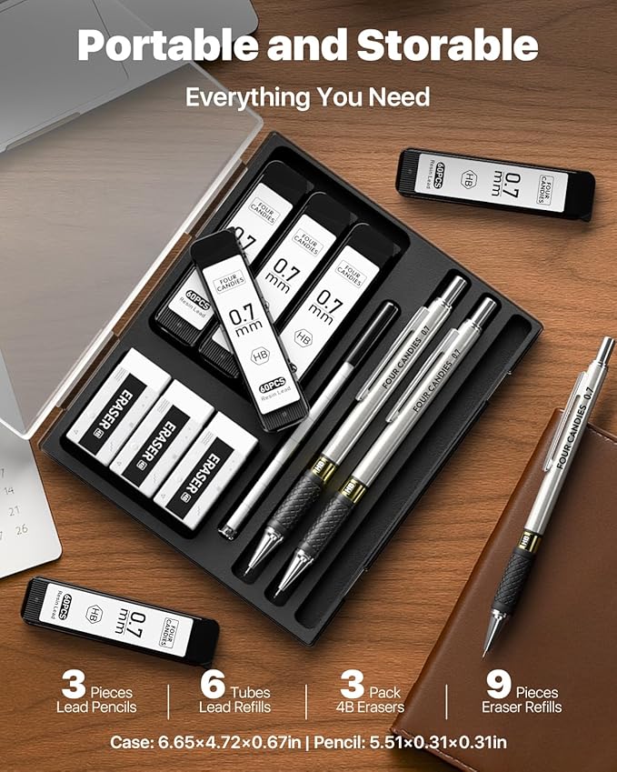 Four Candies Metal Mechanical Pencil Set - 3PCS 0.7mm Art Mechanical Pencils & 360PCS HB Lead Refills & 3PCS Erasers & 9PCS Eraser Refills, Drawing Mechanical Pencils for Writing, Sketching-With Case