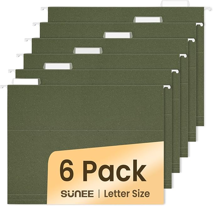 SUNEE Hanging File Folders, 6 Pack Letter Size Hanging File Folders with 1/5-Cut Tabs, Ideal for Home and Office Organization and Papers Classification,Green Colors
