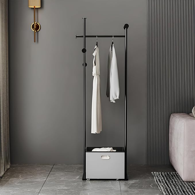 Coat Rack Freestanding with Storage Basket Heavy Duty Clothes Rack Marble Base Modern Coat Stand for Bedroom Living Room Hotel 13.39" D x 19.69" W x 68.9" H (Black)