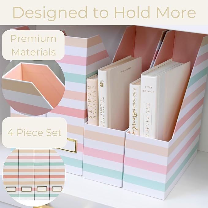 BLU MONACO Set of 4 Foldable Magazine Holders in Pastel Stripes – Sturdy Cardboard Vertical Organizers with Label Holders – Office File Storage Box, Desk Organizer, Paperwork and Document Holder