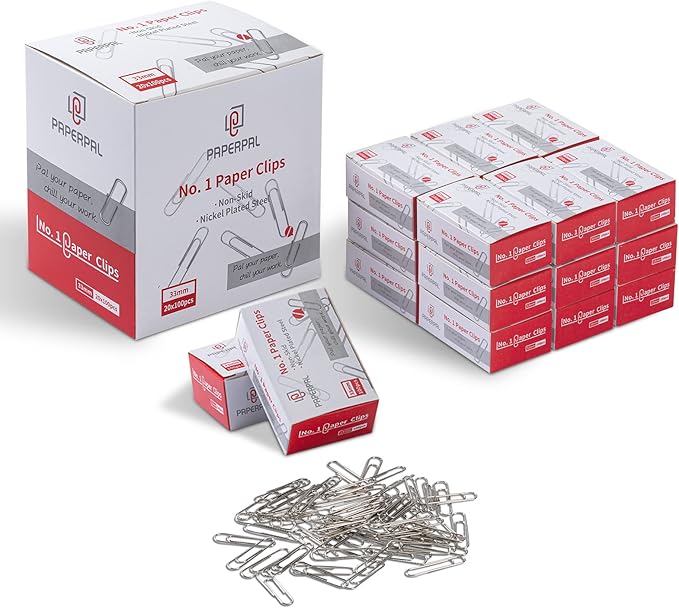 PAPERPAL Paperclips for Office School & Personal Use, #1 Nonskid Paper Clip (1-2/7"), 2000 Medium Paper Clips (20 Boxes of 100 Each), Silver