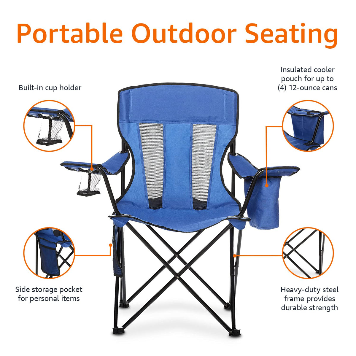 Amazon Basics Camping Chair, Large, Mesh Back, Blue