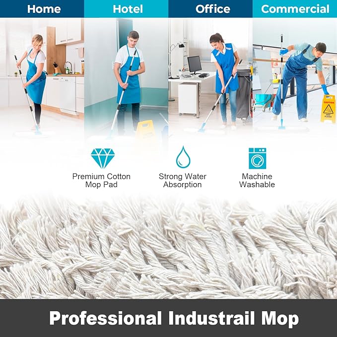 36” Commercial Dust Mop for Floor Cleaning, Industrial Dry Mop with Heavy Duty Long Handle, Large Cotton Reusable mop Head, for Cleaning Office Garage Hardwood Warehouse Factory Mall