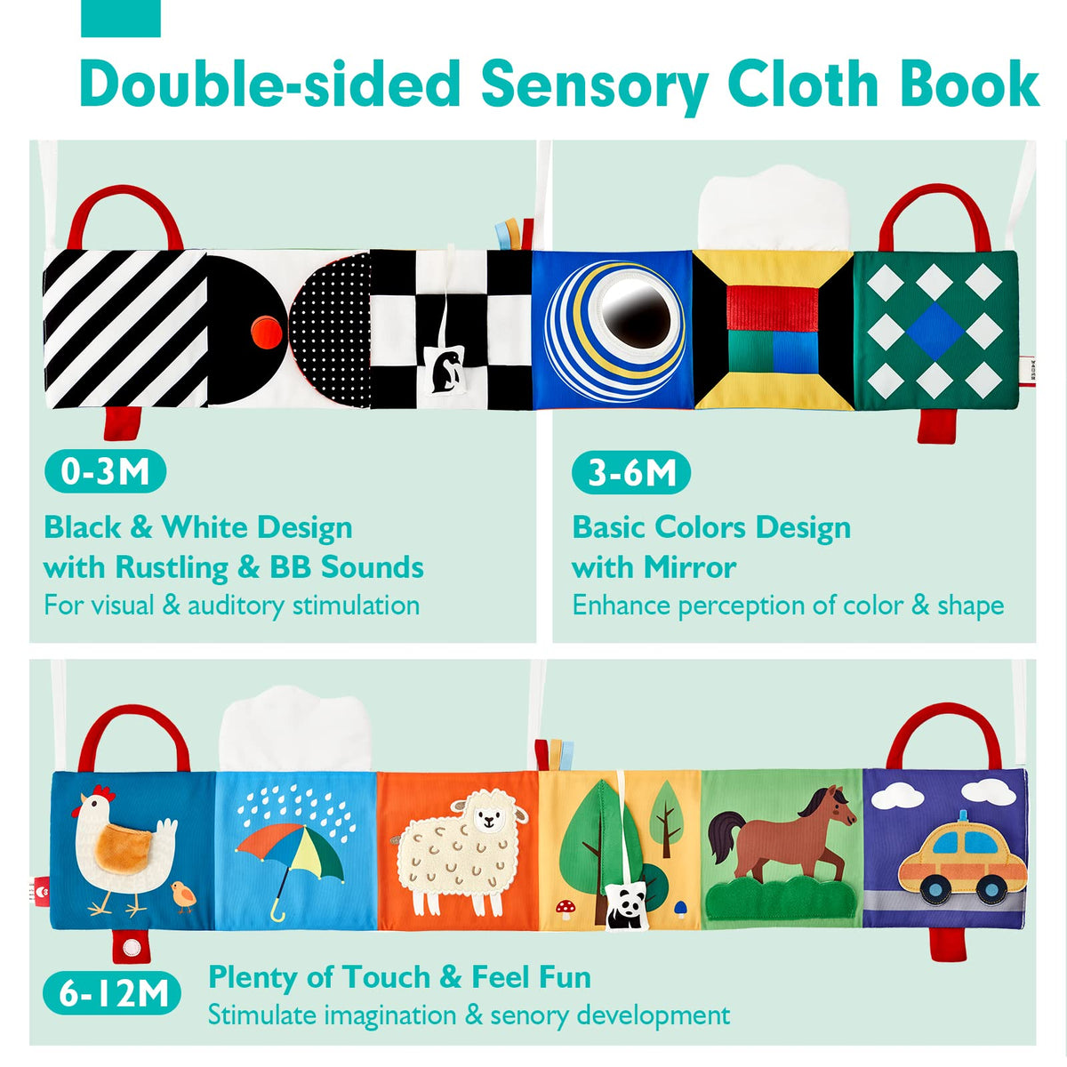 hahaland Baby Toys 0-6 Months - High Contrast Newborn Toys - Baby Tummy Time Books 0-6 Months with Crinkle, Squeaky Sounds, Touch Feel, Visual Stimulation - Baby Shower Gifts