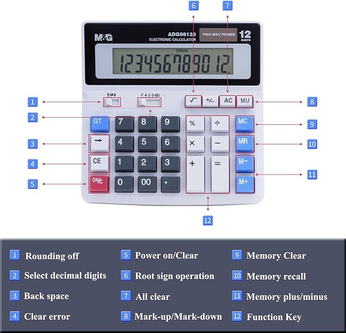 M&G Desk Calculator 12 Digit Extra Large LCD Display, Dual Solar Power and Battery, Accounting Calculator with Big Button, Battery Include, Perfect for Office Business Home Daily Use
