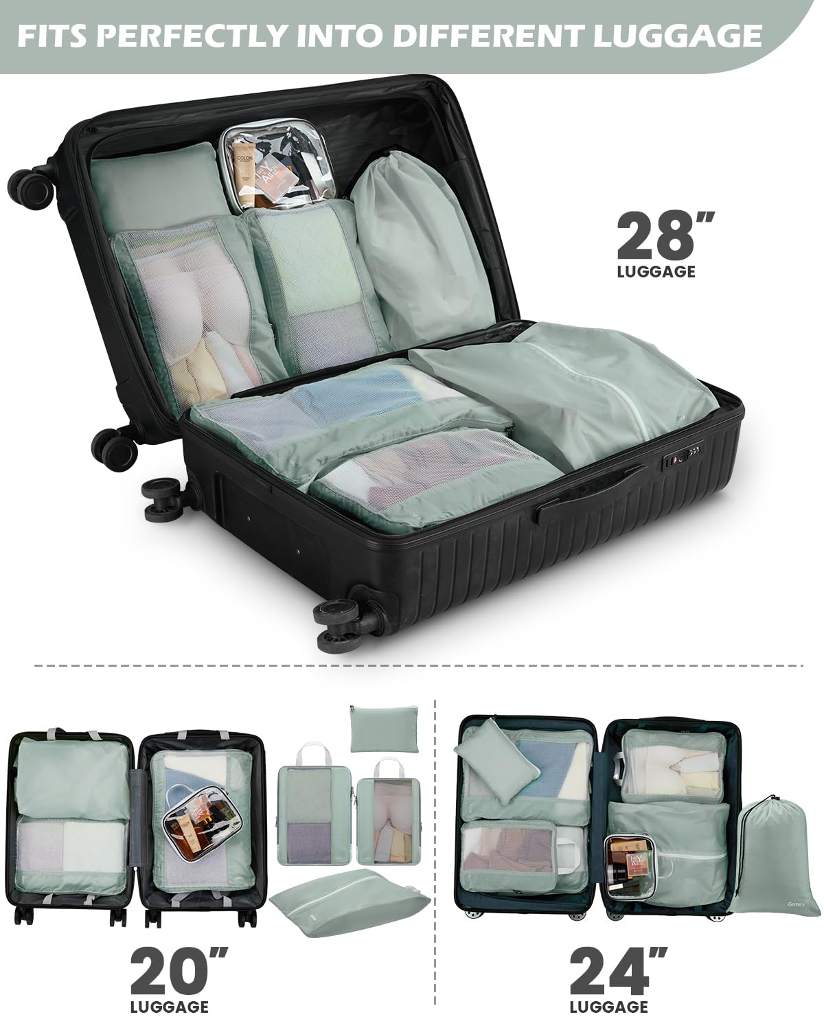 Gonex 8 Set Compression Packing Cubes for Travel Essentials, Expandable Mesh Organizer with Toiletry, Laundry, Shoe, Cable Bags for Suitcases, Gray