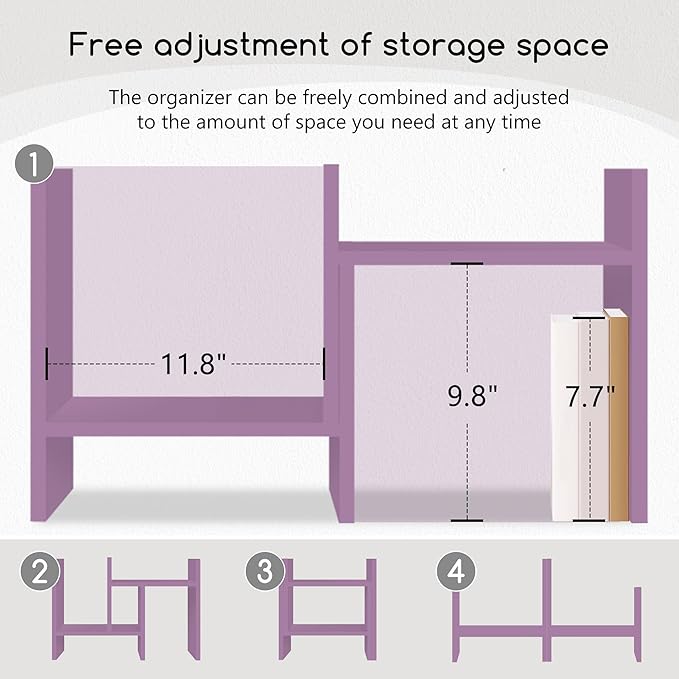 Jerry & Maggie Desktop Organizer Office Storage Rack Adjustable Wood Display Shelf Free Style Double H, Multi-Functional Mini Bookshelf for Desk Natural Stand (Violet)