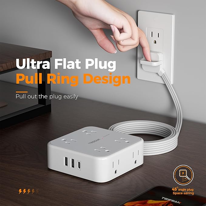 Surge Protector Power Strip Flat Plug, TESSAN Long Extension Cord 10 FT with 8 Outlets, 3 USB Ports(1 USB C), 3-Sided Outlet Extender, 900 Joules Protection, Desk Charging Station for Home, Office