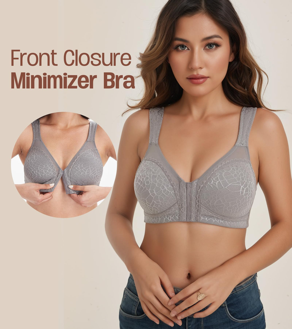 HACI Women's Front Closure Posture Bra Full Coverage Back Support Wireless Unpadded(Grey,40D)