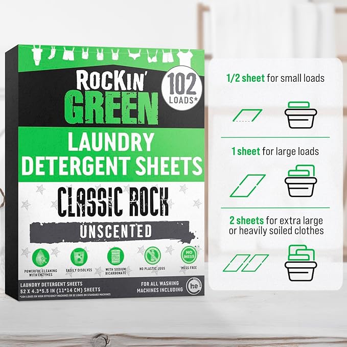 Rockin' Green Travel Laundry Detergent Sheets Unscented - Mess-Free Laundry Sheets Detergent Powerful Cleaning with Sodium Bicarbonate - Easily Dissolvable Laundry Soap Sheet (102 Loads, Unscented)
